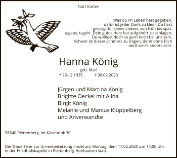 Traueranzeige von Hanna König von MZV