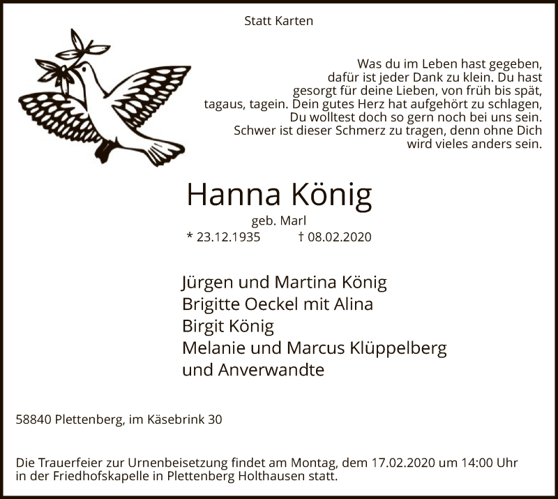  Traueranzeige für Hanna König vom 11.02.2020 aus MZV