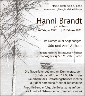 Traueranzeige von Hanni Brandt von MZV