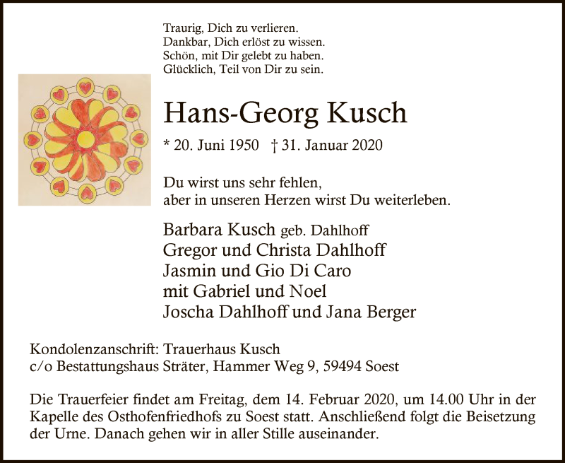  Traueranzeige für Hans-Georg Kusch vom 11.02.2020 aus MZV