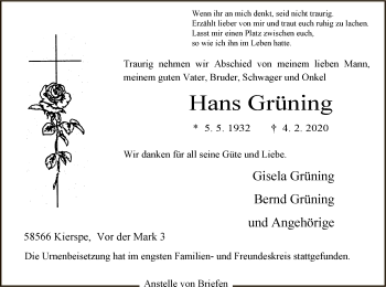 Traueranzeige von Hans Grüning von MZV
