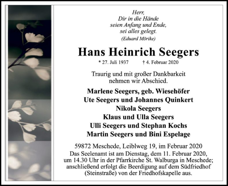  Traueranzeige für Hans Heinrich Seegers vom 08.02.2020 aus MZV