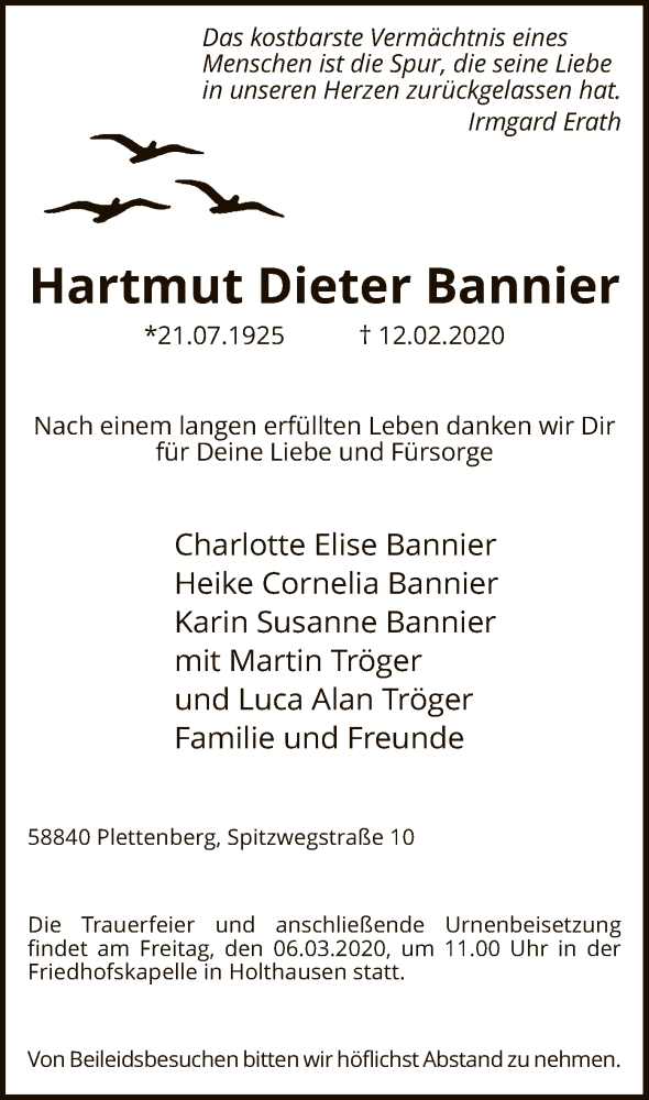  Traueranzeige für Hartmut Dieter Bannier vom 19.02.2020 aus MZV