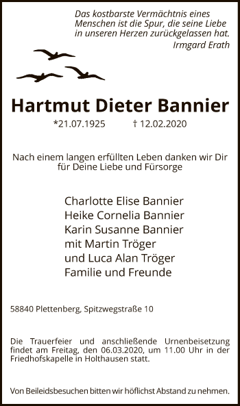 Traueranzeige von Hartmut Dieter Bannier von MZV