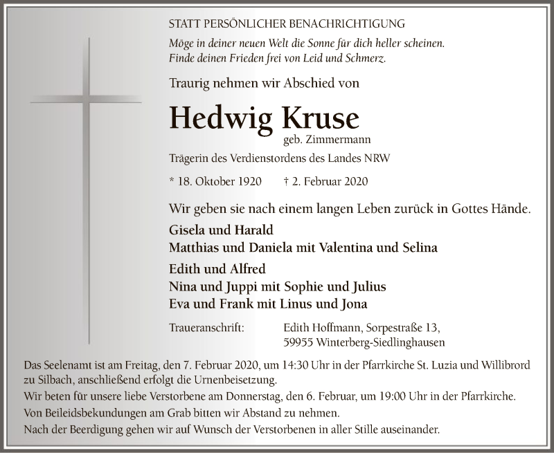  Traueranzeige für Hedwig Kruse vom 05.02.2020 aus MZV