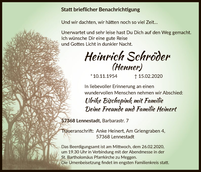  Traueranzeige für Heinrich Schröder vom 22.02.2020 aus MZV