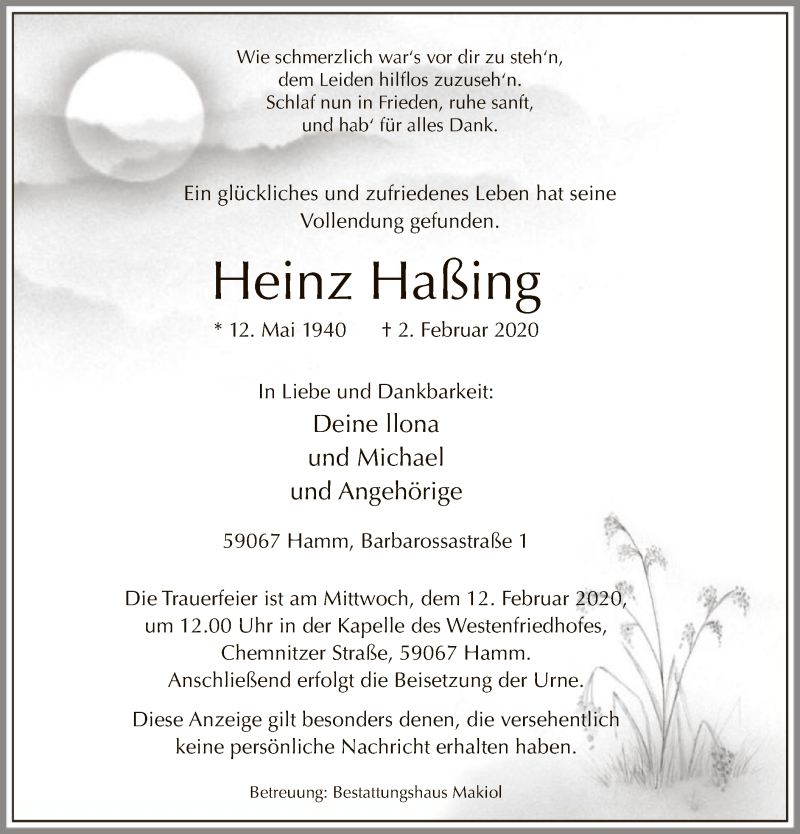  Traueranzeige für Heinz Haßing vom 05.02.2020 aus MZV