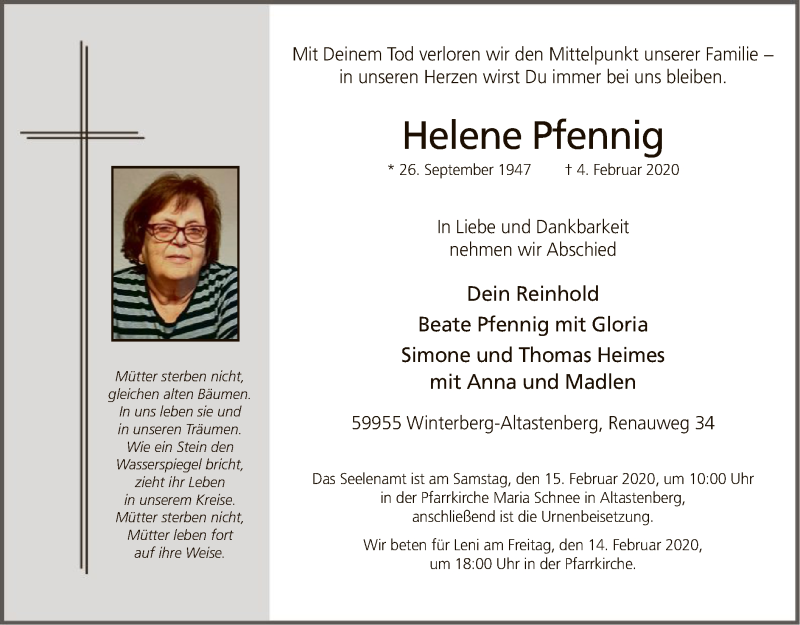  Traueranzeige für Helene Pfennig vom 08.02.2020 aus MZV