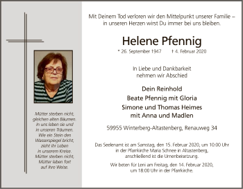 Traueranzeige von Helene Pfennig von MZV