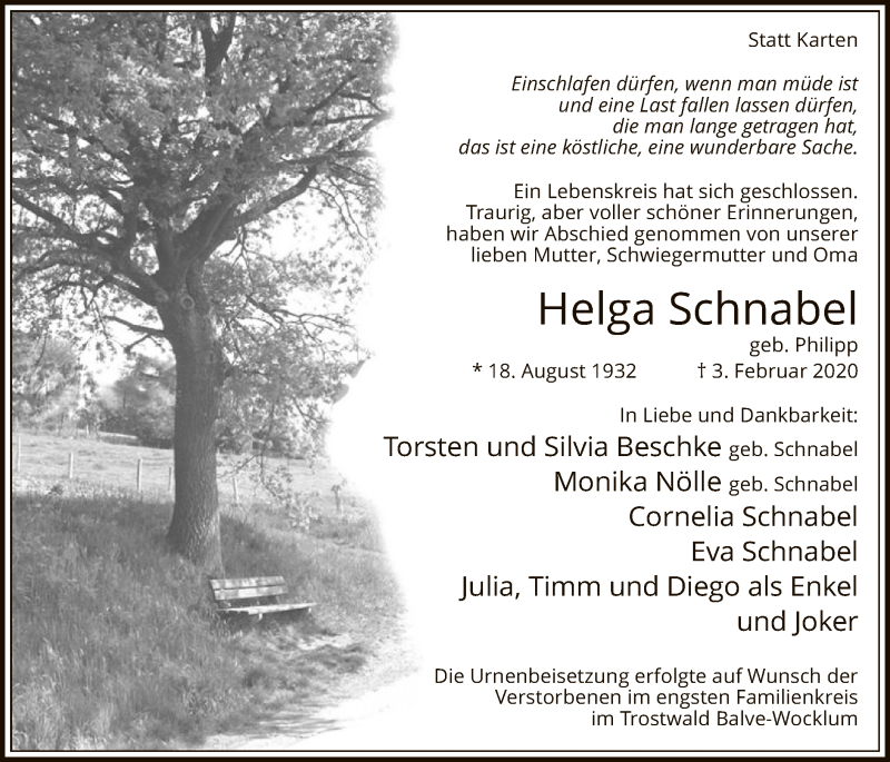  Traueranzeige für Helga Schnabel vom 19.02.2020 aus MZV