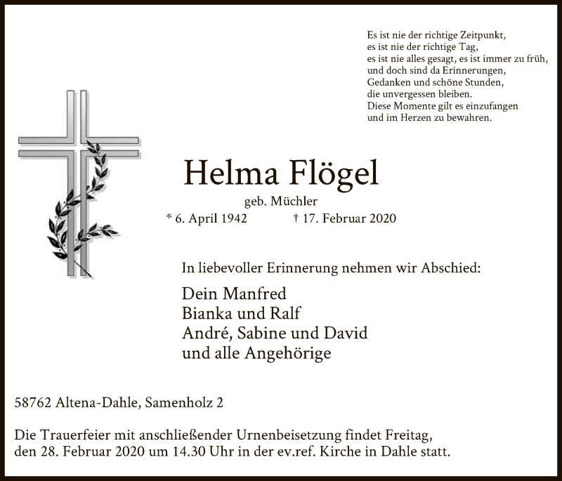  Traueranzeige für Helma Flögel vom 20.02.2020 aus MZV