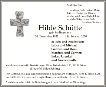Traueranzeige von Hilde Schütte von MZV
