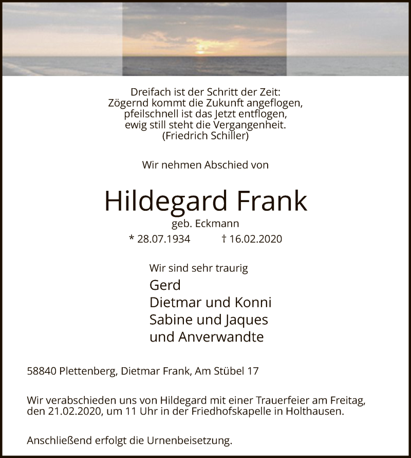  Traueranzeige für Hildegard Frank vom 19.02.2020 aus MZV