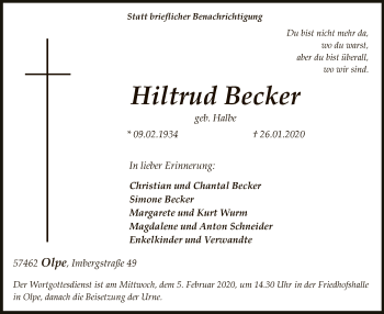 Traueranzeige von Hiltrud Becker von MZV
