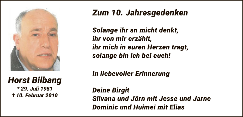  Traueranzeige für Horst Bilbang vom 10.02.2020 aus MZV