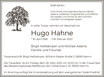 Traueranzeige von Hugo Hahne von MZV