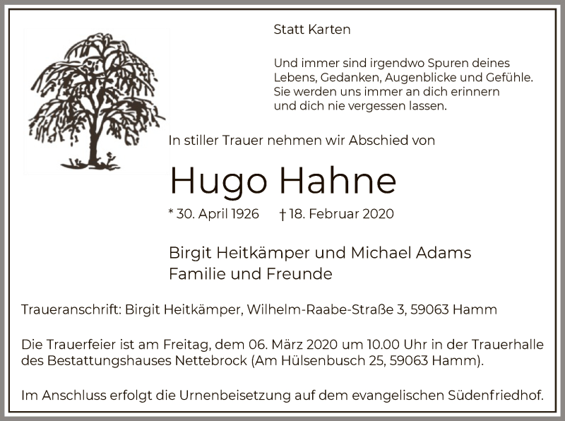  Traueranzeige für Hugo Hahne vom 29.02.2020 aus MZV