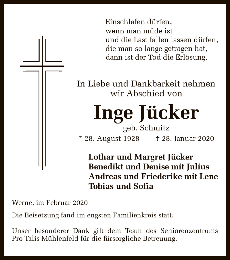  Traueranzeige für Inge Jücker vom 01.02.2020 aus MZV