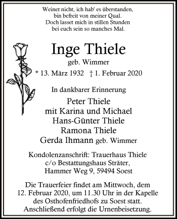 Traueranzeige von Inge Thiele von MZV