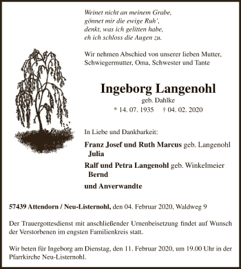 Traueranzeige von Ingeborg Langenohl von MZV