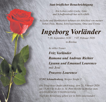 Traueranzeige von Ingeborg Vorländer von MZV