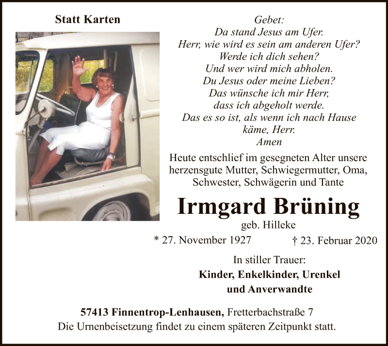  Traueranzeige für Irmgard Brüning vom 29.02.2020 aus MZV
