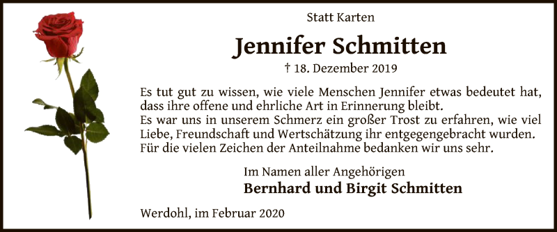 Traueranzeige für Jennifer Schmitten vom 01.02.2020 aus MZV