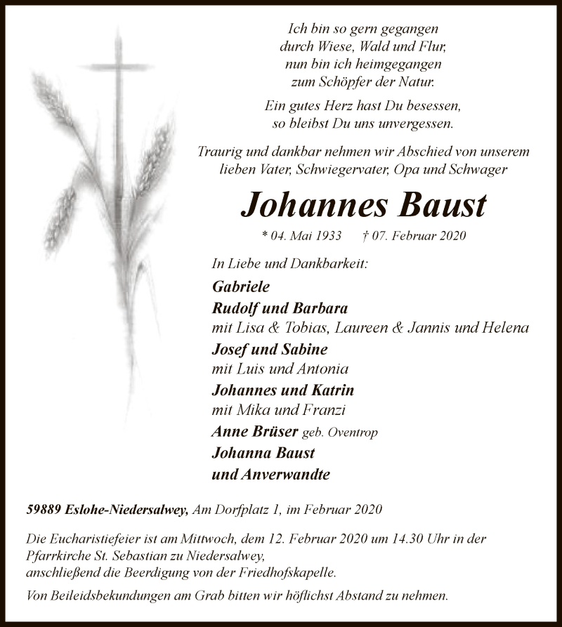  Traueranzeige für Johannes Baust vom 12.02.2020 aus MZV