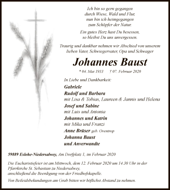 Traueranzeige von Johannes Baust von MZV