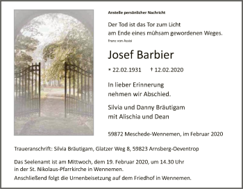 Traueranzeige von Josef Barbier von MZV