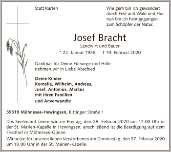 Traueranzeige von Josef Bracht von MZV
