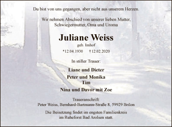 Traueranzeige von Juliane Weiss von MZV