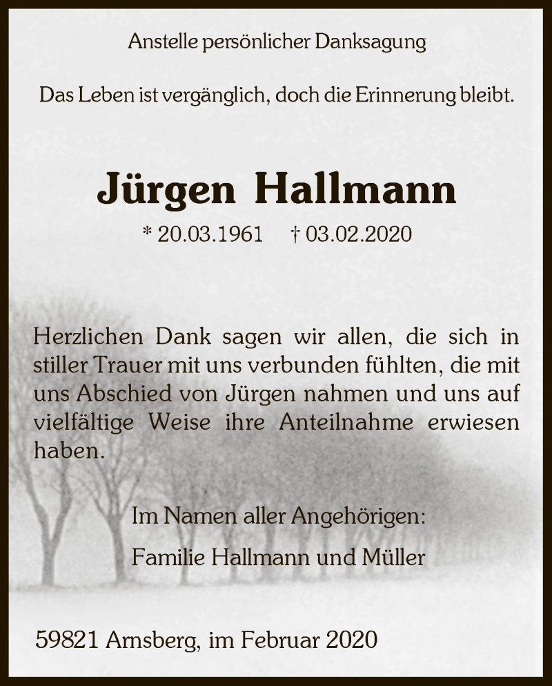  Traueranzeige für Jürgen Hallmann vom 29.02.2020 aus MZV