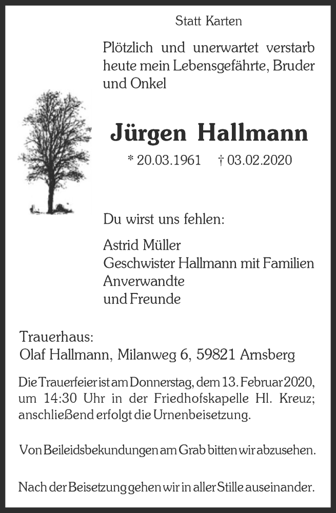  Traueranzeige für Jürgen Hallmann vom 08.02.2020 aus MZV