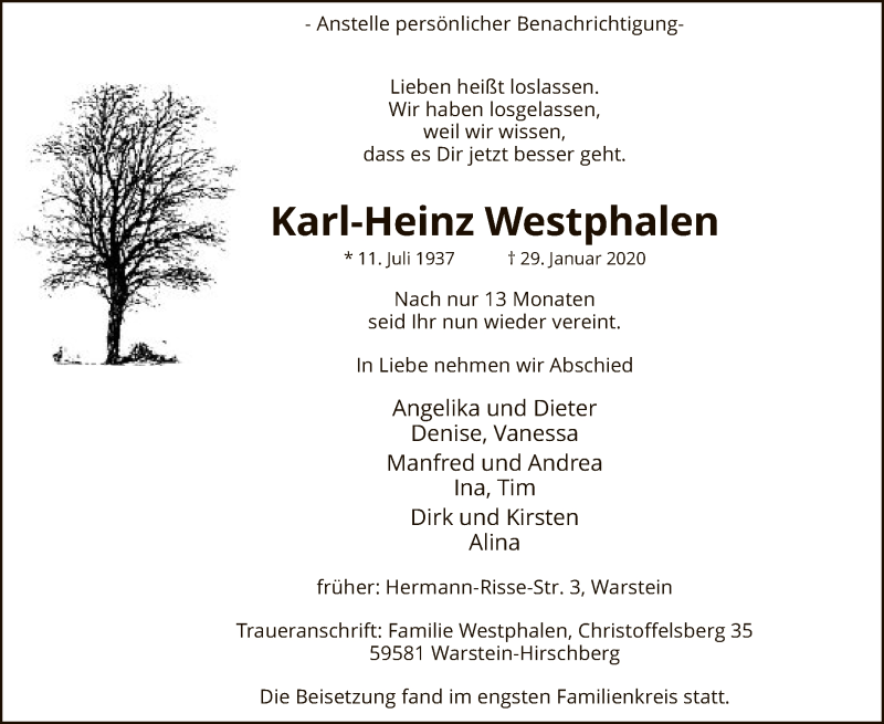  Traueranzeige für Karl-Heinz Westphalen vom 13.02.2020 aus MZV