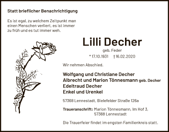 Traueranzeige von Lilli Decher von MZV