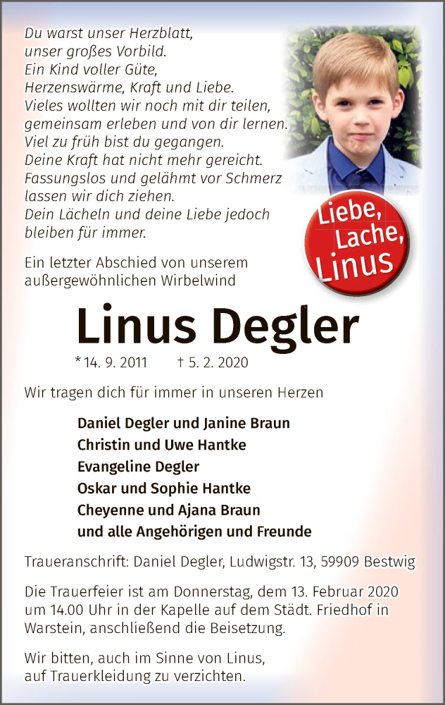  Traueranzeige für Linus Degler vom 12.02.2020 aus MZV