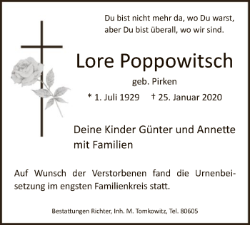 Traueranzeige von Lore Poppowitsch von MZV