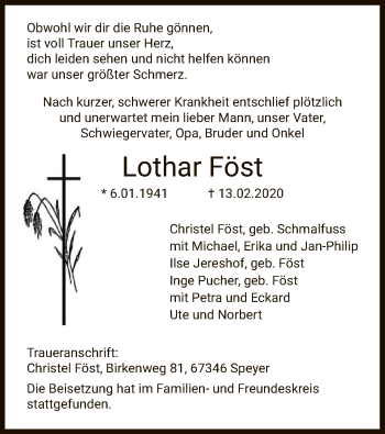 Traueranzeige von Lothar Föst von MZV