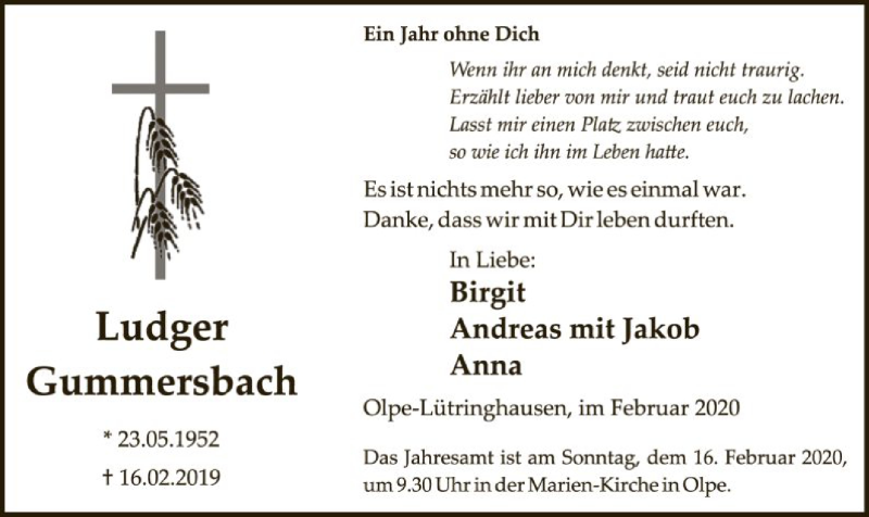  Traueranzeige für Ludger Gummersbach vom 12.02.2020 aus MZV