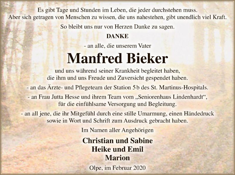  Traueranzeige für Manfred Bieker vom 29.02.2020 aus MZV