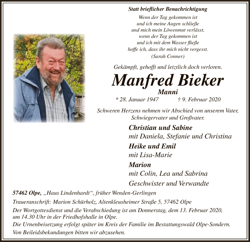  Traueranzeige für Manfred Bieker vom 12.02.2020 aus MZV