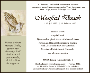 Traueranzeige von Manfred Dzaek von MZV