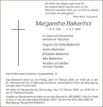 Traueranzeige von Margarethe Balkenhol von MZV