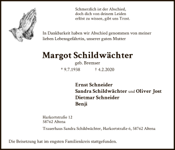 Traueranzeige von Margot Schildwächter von MZV