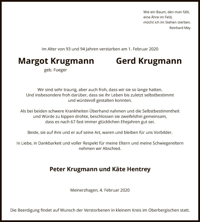  Traueranzeige für Margot und Gerd Krugmann vom 05.02.2020 aus MZV