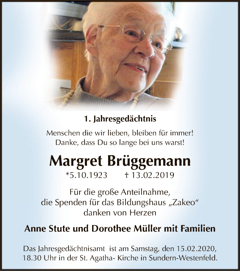  Traueranzeige für Margret Brüggemann vom 08.02.2020 aus MZV