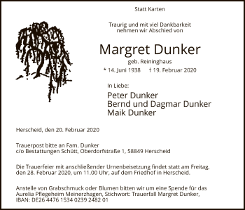 Traueranzeige von Margret Dunker von MZV