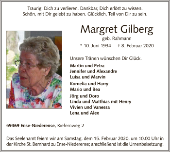 Traueranzeige von Margret Gilberg von MZV