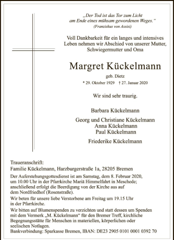 Traueranzeige von Margret Kückelmann von MZV